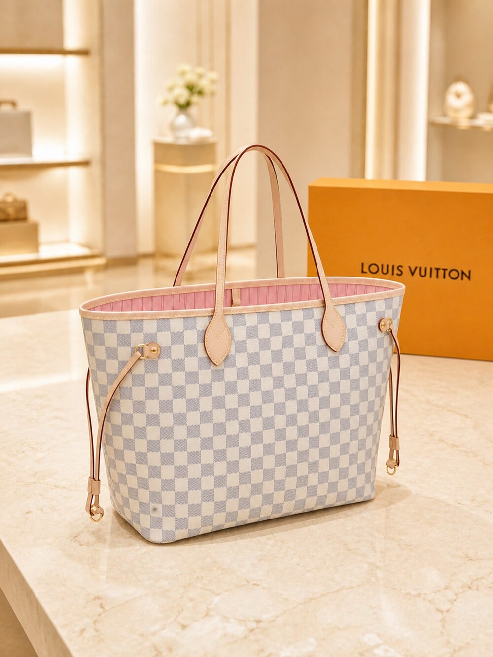 Louis Vuitton Pink Interior Neverfull Carryall in Damier Azur Canvas - Picture 5 of 6